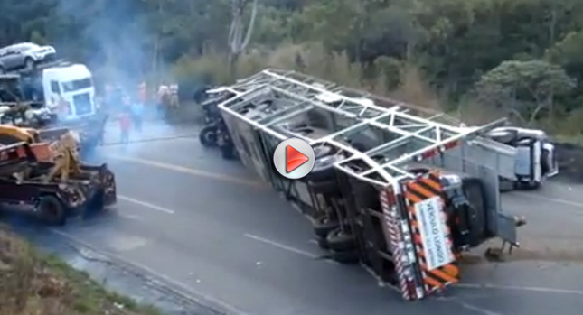  Double Fail: Service Crew Flips Double-Decker Truck Full of Cars