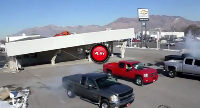  Power Play: Watch Four Chevrolet Silverados Tear Down a Building