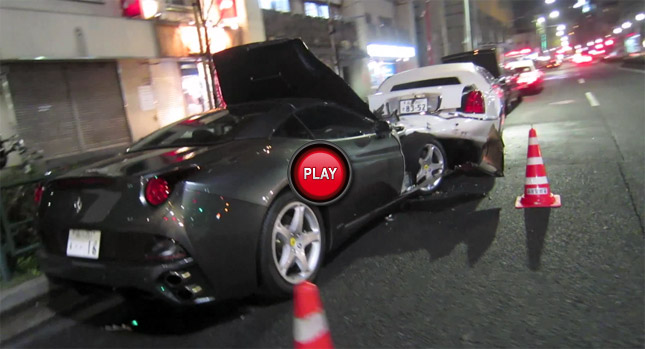  Ferrari California Driver Rear Ends a Pair of Lincoln Town Car Limos in Tokyo