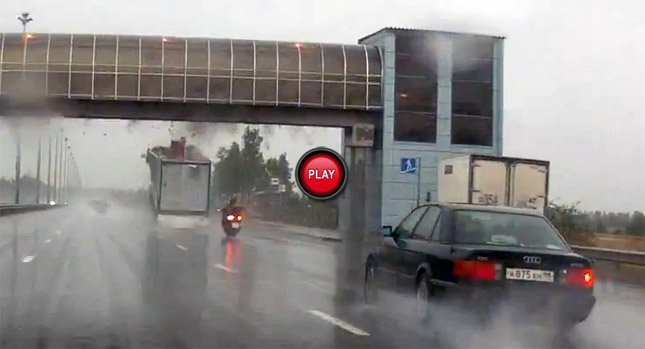  Oops…Crane Truck Hits a Bridge and Almost Takes out a Motorcyclist