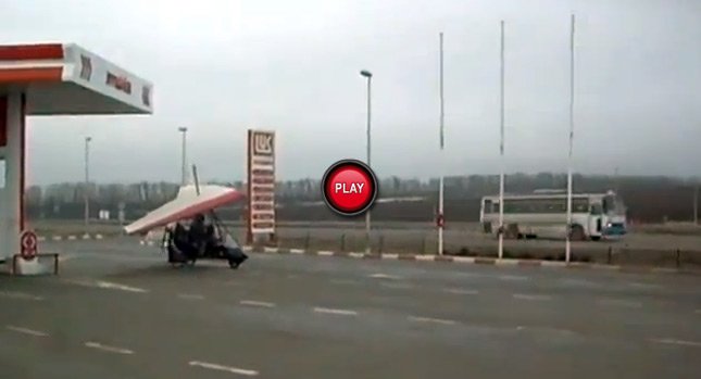  Oh, Russia…Motorized Deltaplane Fills Up at Gas Station, Takes Off from Highway!