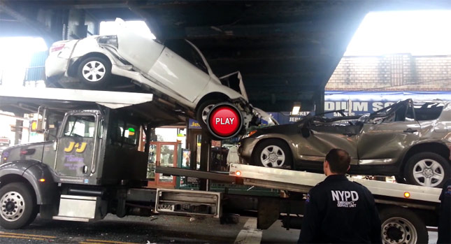  Toyota Models on Flatbed Truck Crunched Under New York Bridge – This Won’t Buff Out…