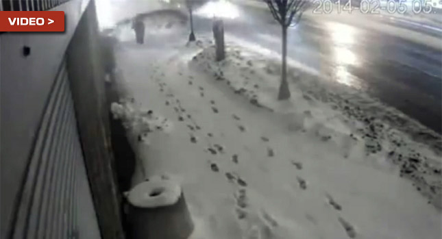  Pedestrian on Sidewalk Buried by Passing Plough-Equipped Truck