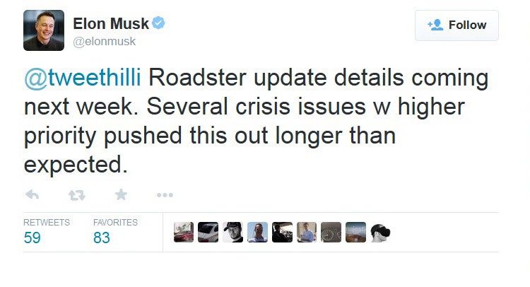  Tesla CEO Elon Musk Teases “Update Details” for Roadster