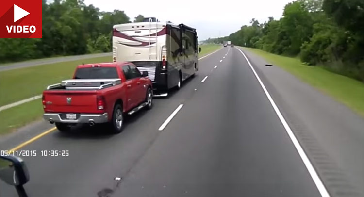  Motor Home Hauling A Dodge Truck Blows Tire And Overturns