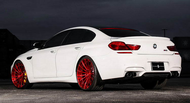 White Bmw M6 Gran Coupe Dares To Put On Gloss Red Wheels Carscoops
