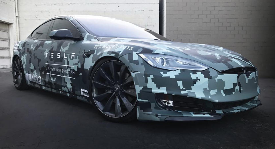  Tesla Model S Receives 8-Bit Camo Wrap For Veterans Program