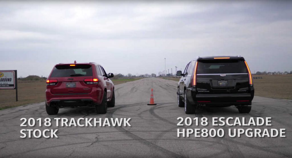 Jeep Cherokee Trackhawk vs Cadillac Escalade 707 HP Jeep Trackhawk Takes On 800 HP Cadillac Escalade In SUV Showdown