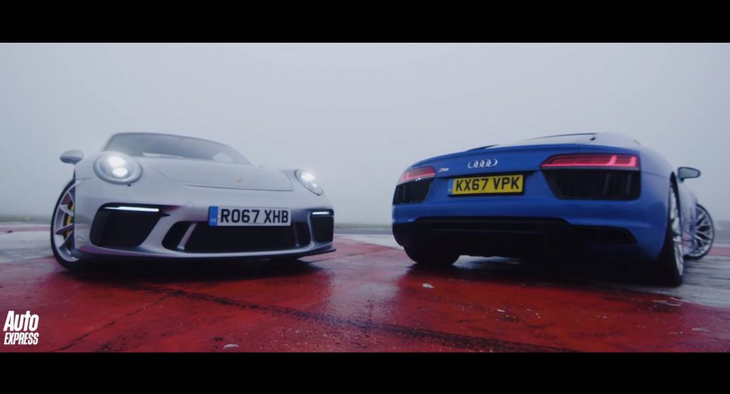  Place Your Bets: RWD Audi R8 Goes Against The Porsche 911 GT3 On A Wet Track