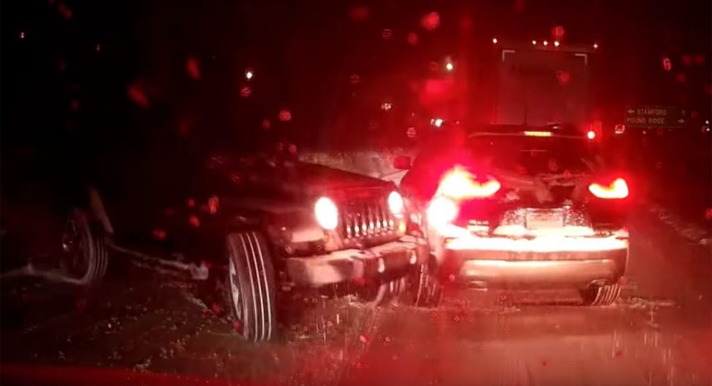  Jeep Wrangler Takes Out Cherokee In Snow Storm And Runs Away