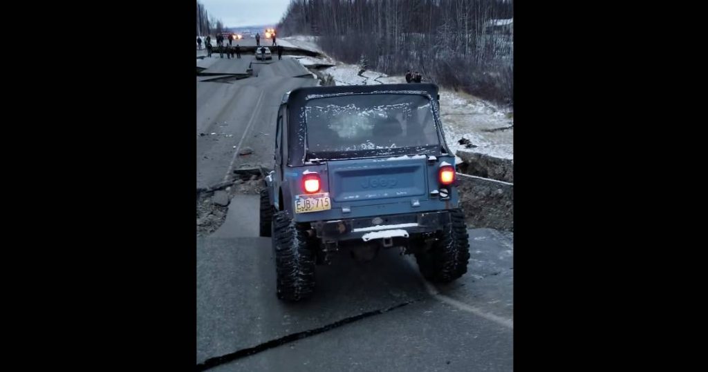  Jeep CJ-7 Casually Crosses Alaska Road Destroyed By Huge Earthquake