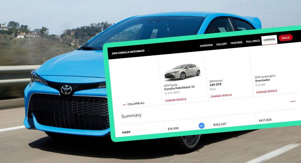  Toyota’s Corolla Comparison Tool Lets You Pit It Against Ferraris, Bentleys And Lambos