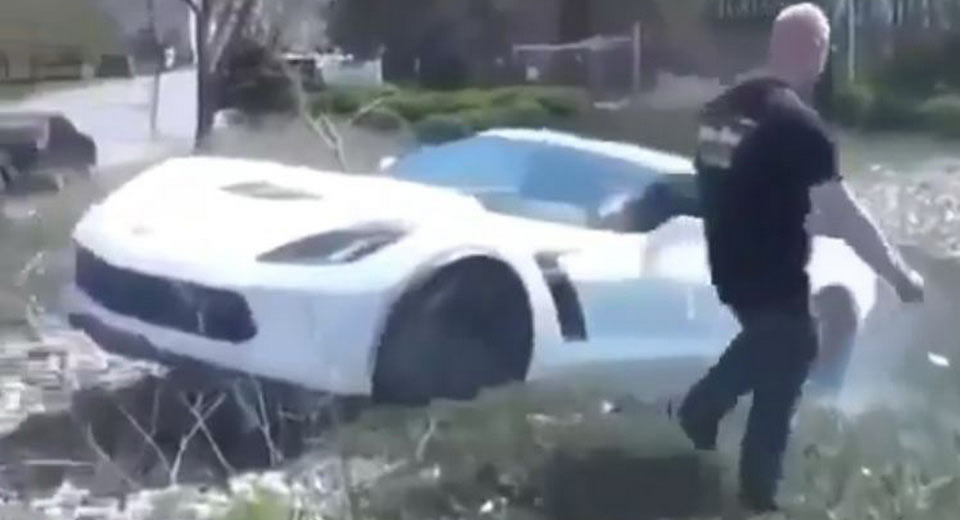  Corvette Z06 Driver Does A Mustang By Attempting Burnout, Ending Up In Ditch