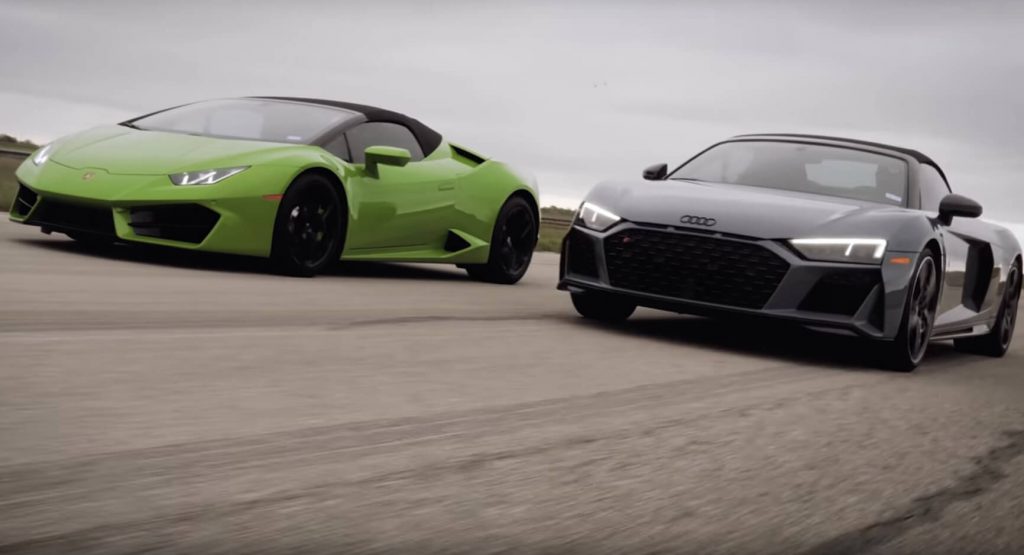 Twin Turbo Audi R8 Teaches Stock Lamborghini Huracan What 900 Hp Looks Like Carscoops