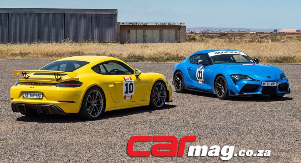  Toyota GR Supra Horizon Blue Comes Face To Face With The Porsche 718 Cayman GT4