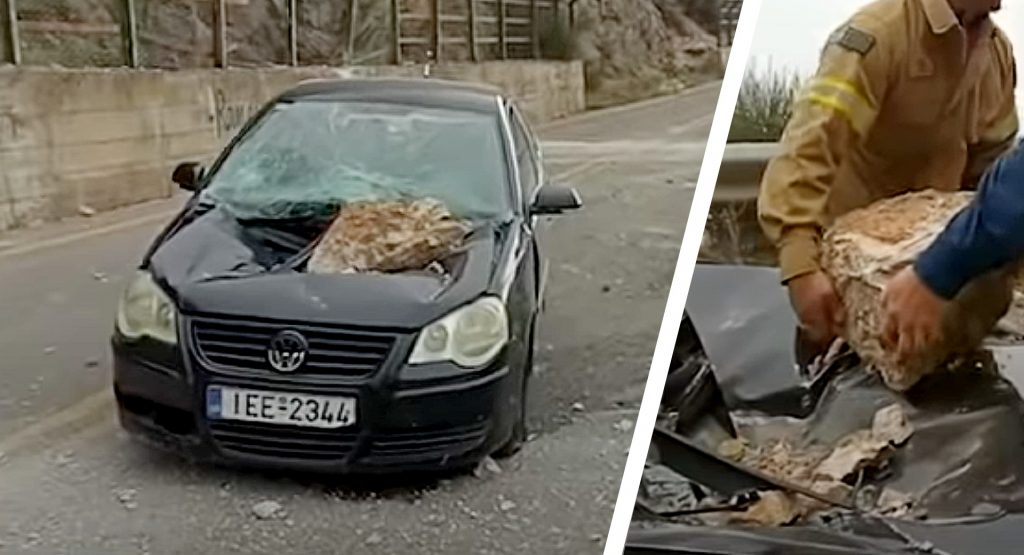  Boulder Comes Crashing Down And Smashes Into Moving Car In Greece, Leaves No Injuries