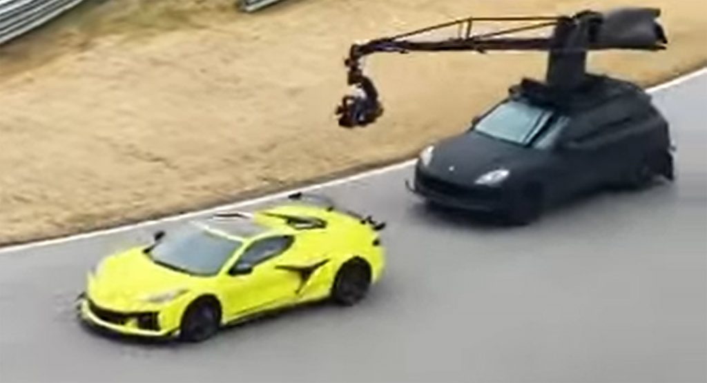  2023 Corvette Z06 Spotted Filming Commercial With Porsche Cayenne Camera Car