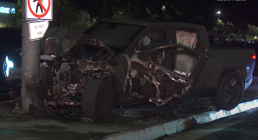  Rivian R1T Destroyed After Hitting Pole And Catching Fire In California