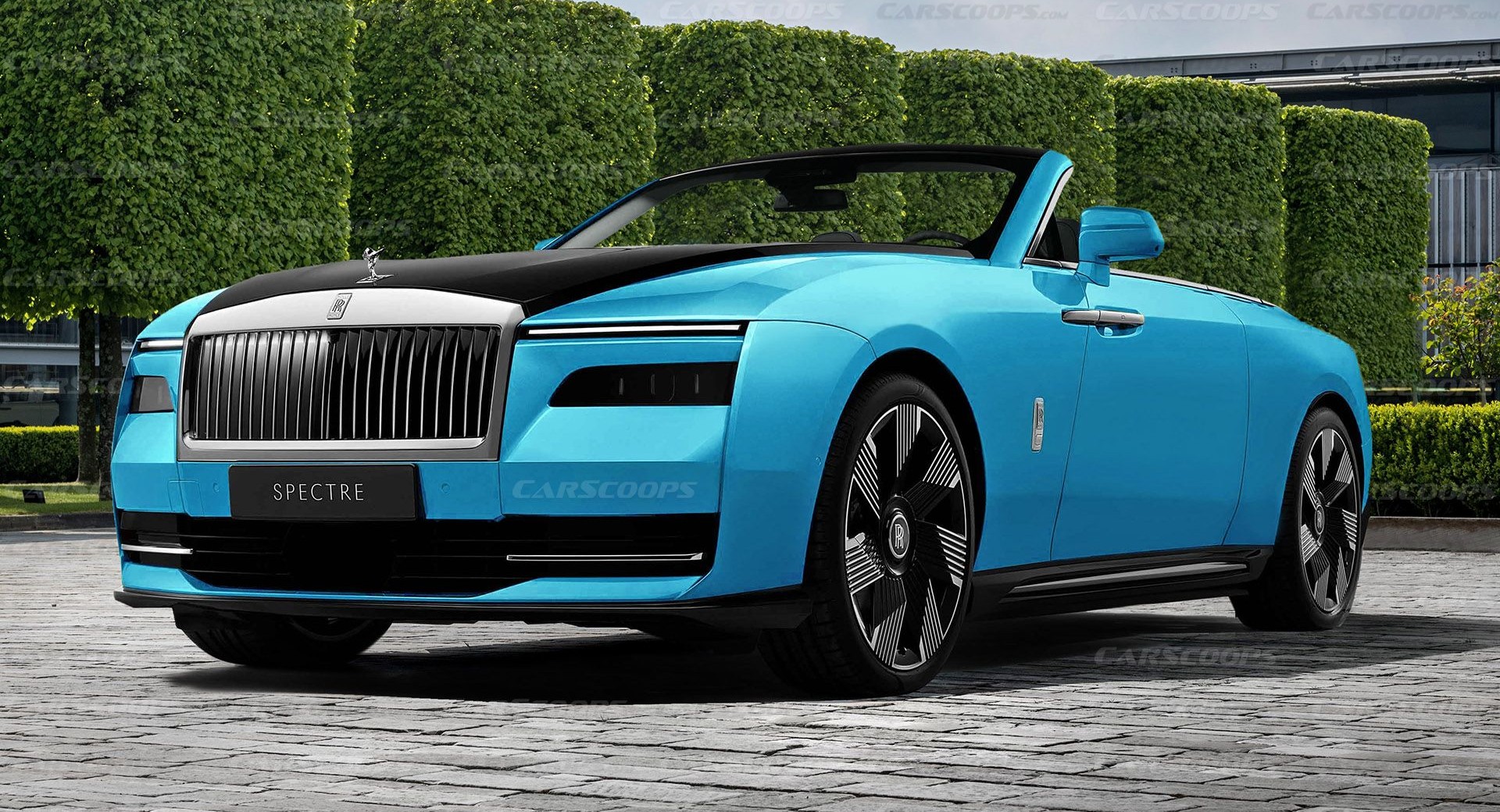 Rolls Royce Spectre Drophead Coupe Front Light Blue CS Main 