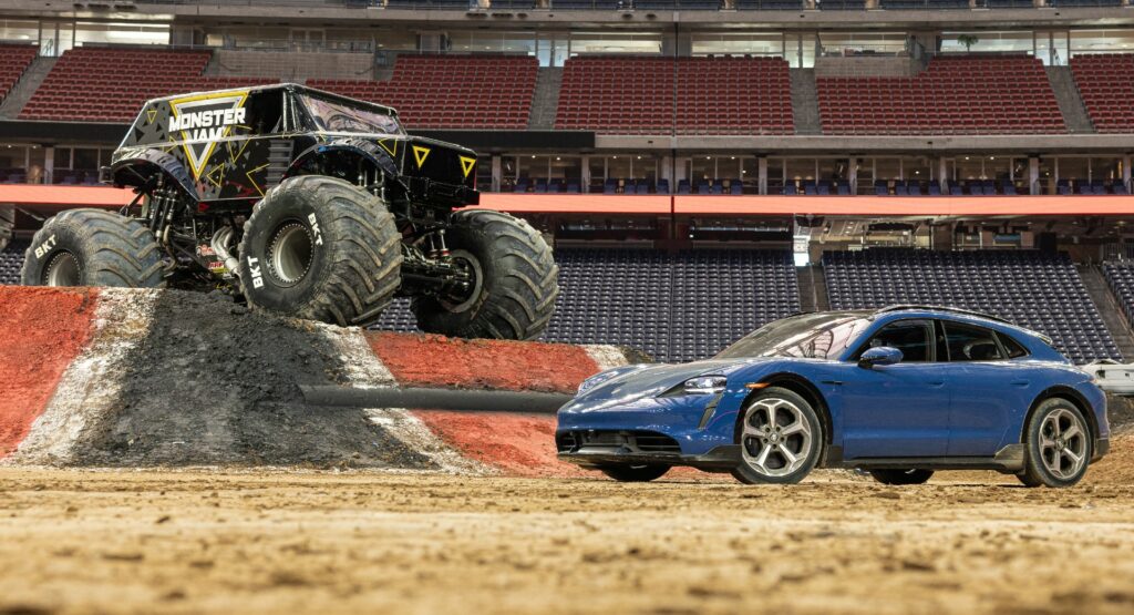  Watch A Monster Truck Flying Over A Porsche Taycan Cross Turismo