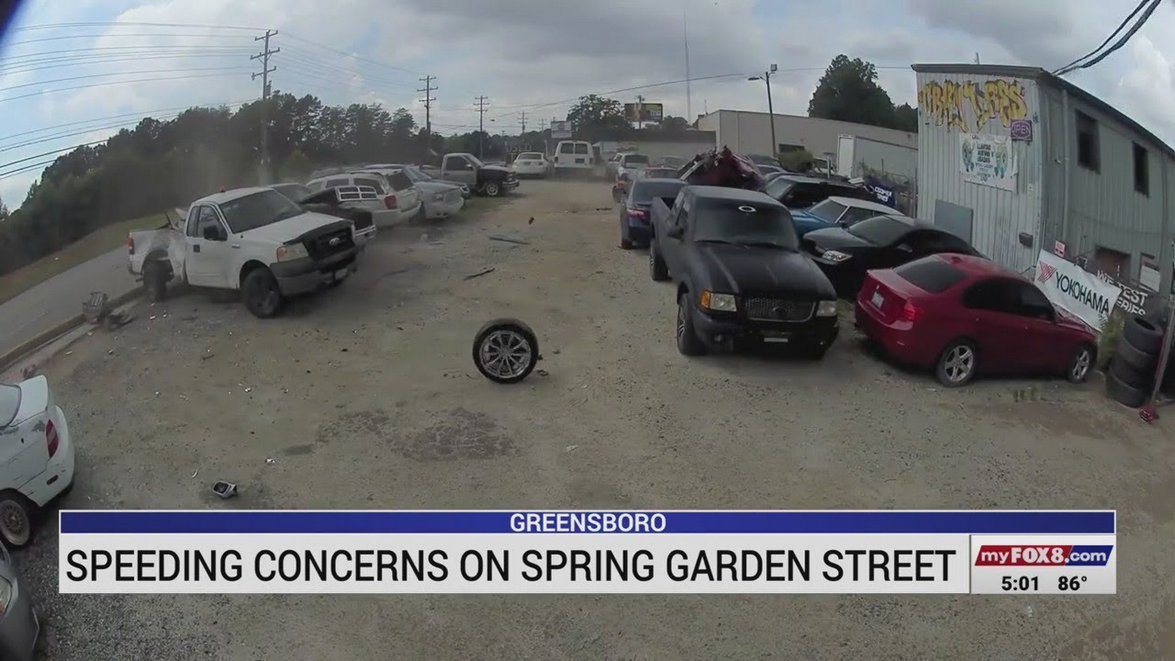 Speeding Car Cartwheels Into Tire Dealer Lot Hitting Eight Parked Vehicles