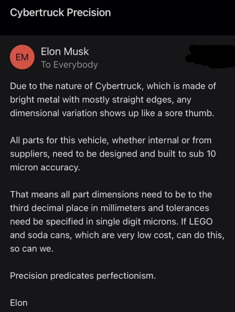  Internal Tesla Email From Elon Musk Calls For Sub-10 Micron Build Accuracy On Cybertruck