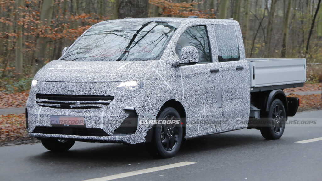  2025 VW Transporter T7 Spied In EV Form With A Double-Cab Flatbed Body