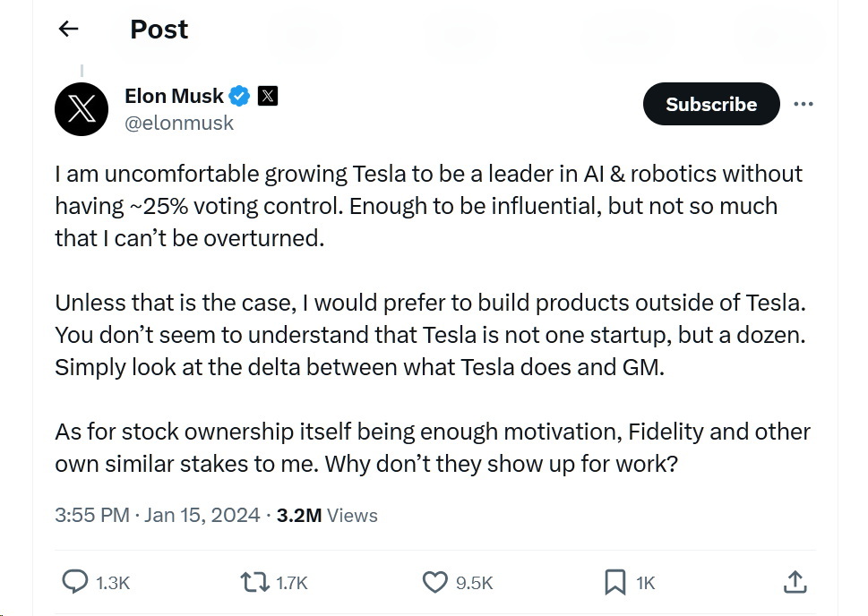     Alors que les actions de Tesla chutent, Musk menace de contrôler les votes à 25 % ou de ne pas avoir d’IA ni de robotique