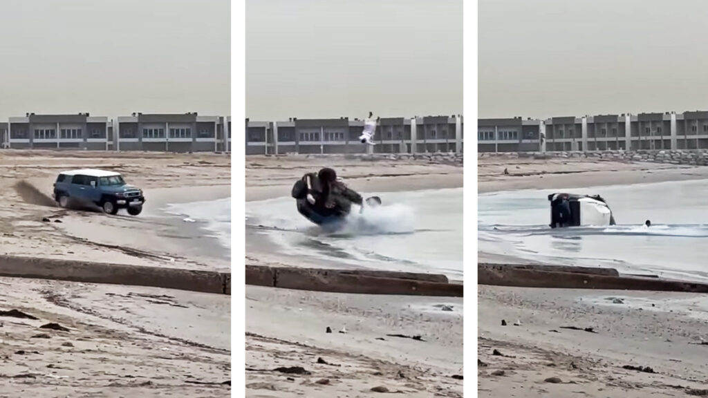                 راننده تویوتا اف جی کروزر در حین تصادف در ساحل وایلد کویت از بدن خارج شد.