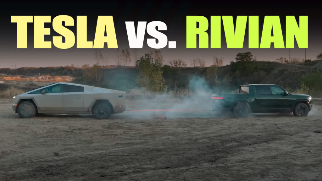  Rivian R1T Takes Down Tesla Cybertruck In A Dirt-Pulling Tug-of-War