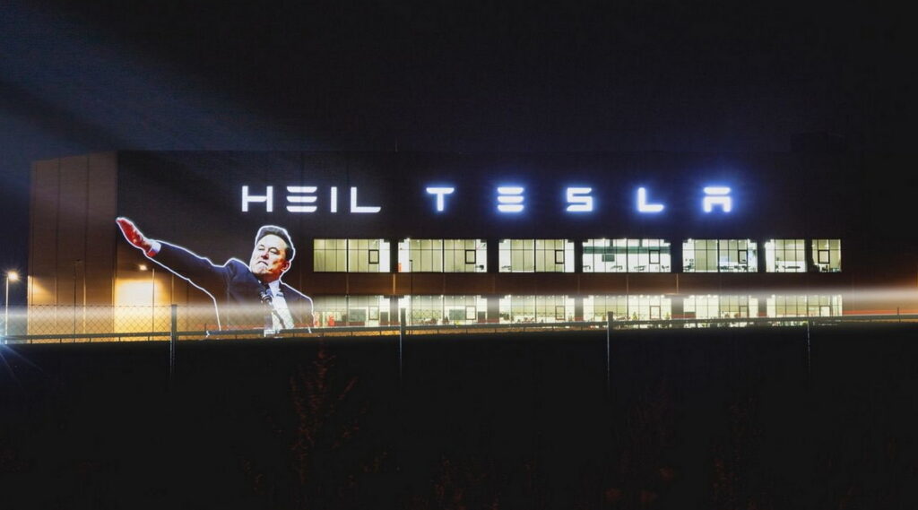  Activists Project ‘Heil Tesla’ Onto Musk’s Own German Gigafactory